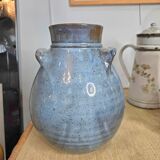 Blue glazed stoneware vase – Squat shape with handles – Handmade craftsmanship