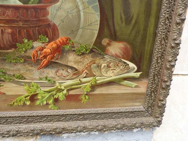 Still life chromolithography frame with Champagne