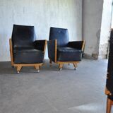 Pair of black Mid-Century armchairs in faux leather - 1960s, Hungarian armchairs (set of 2)