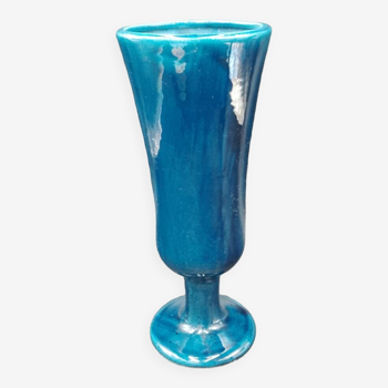 Grand Vase sur pied en céramique bleu émaillé Signé Les Grottes Dieulefit 28,5cm