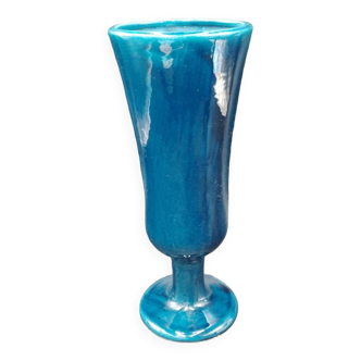 Grand Vase sur pied en céramique bleu émaillé Signé Les Grottes Dieulefit 28,5cm