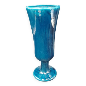 Large Vase on foot in blue enameled ceramic Signed Les Grottes Dieulefit 28.5cm