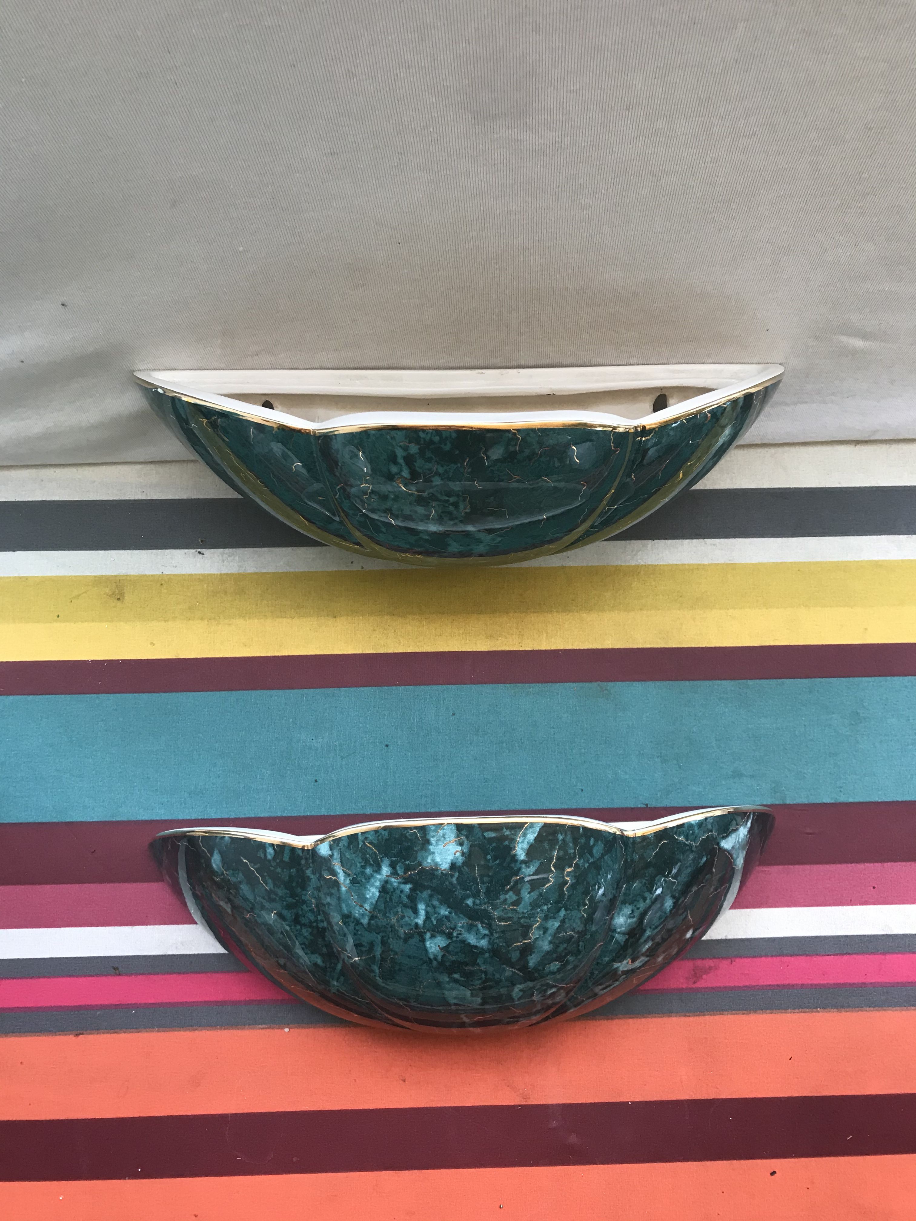 Old Pair wall light  Green Ceramics Style Marble - Vintage Golden Veins
