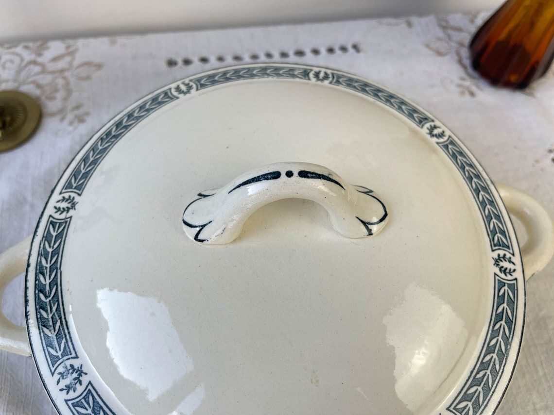 Vintage soup tureen, blue ironstone, Salins model, Castellane