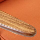 Fauteuil lounge vintage en laine, tissu orange et bois de hêtre