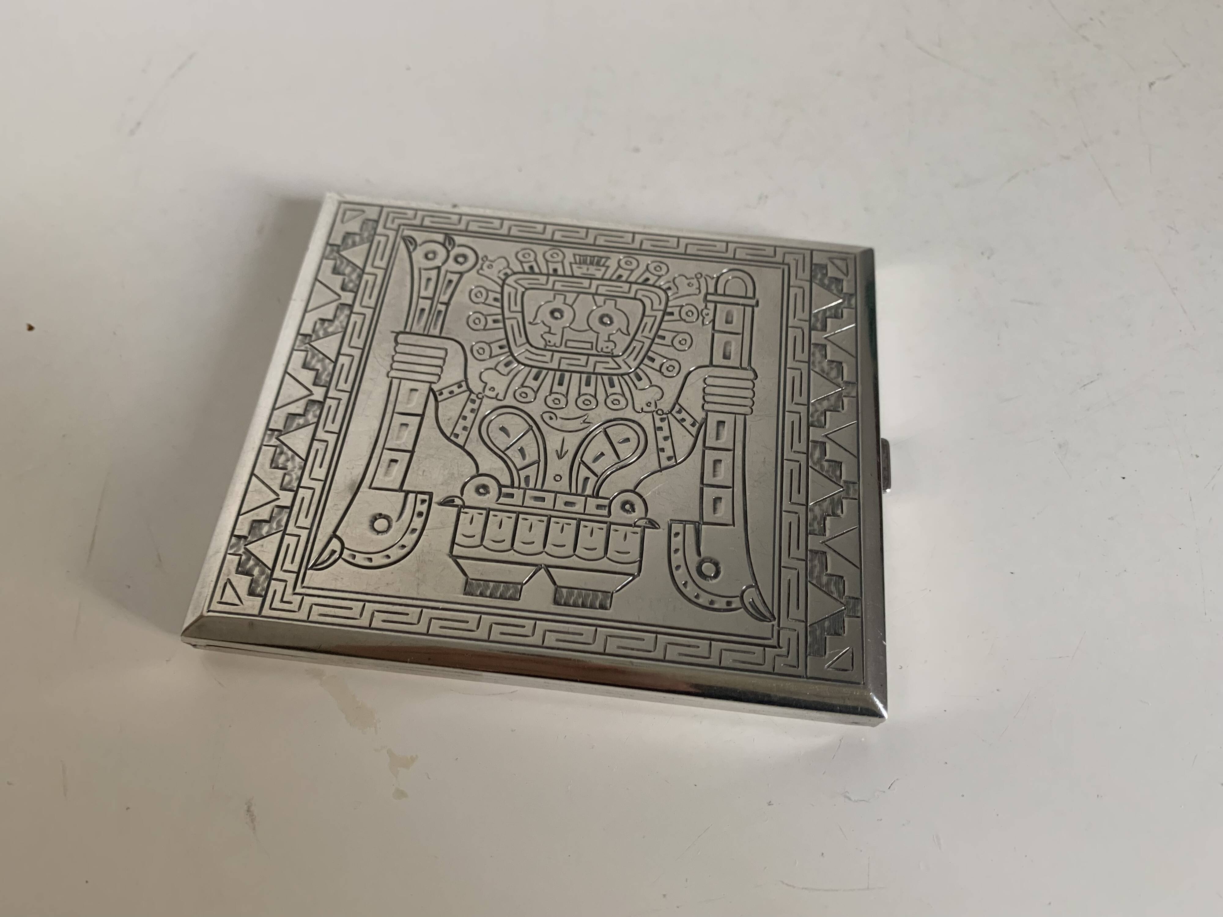 Vintage 1930 cigarette case Inca sterling silver 925 - 9.8 x 8.4 cm