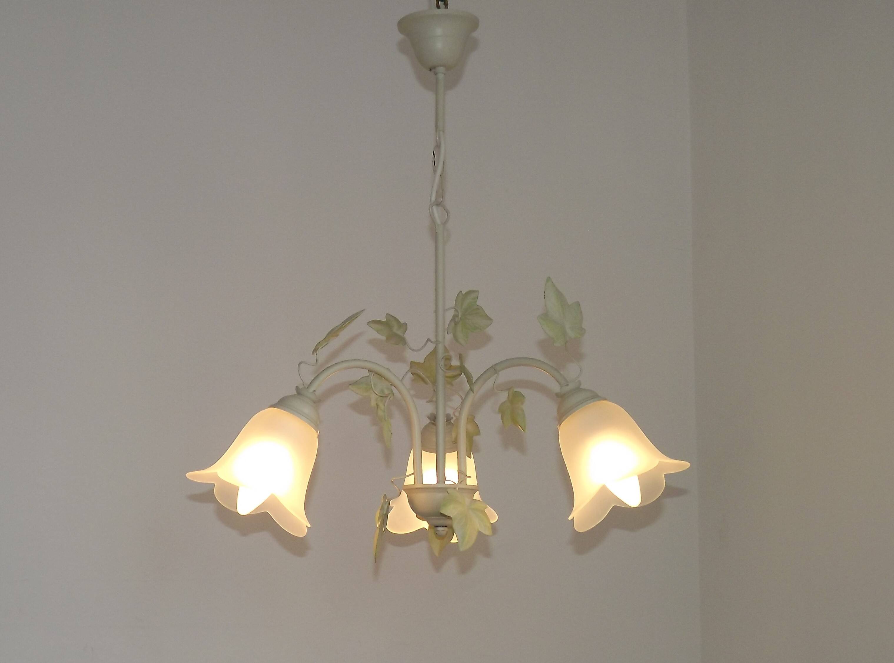French Vintage 3 Light Green Ivy Chandelier with Opaque Glass Shades