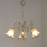 French Vintage 3 Light Green Ivy Chandelier with Opaque Glass Shades