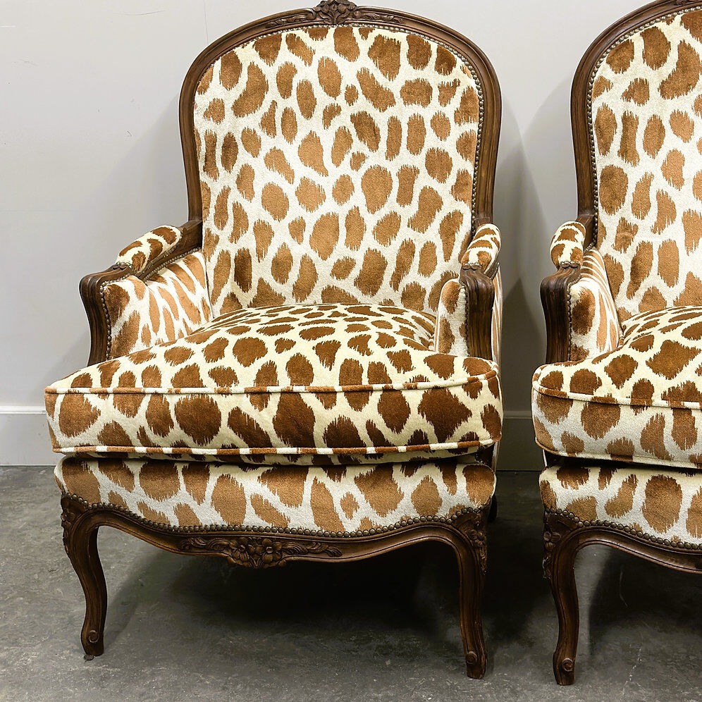 Pair of Louis XV style armchairs in giraffe velvet upholstery, France, 1950s