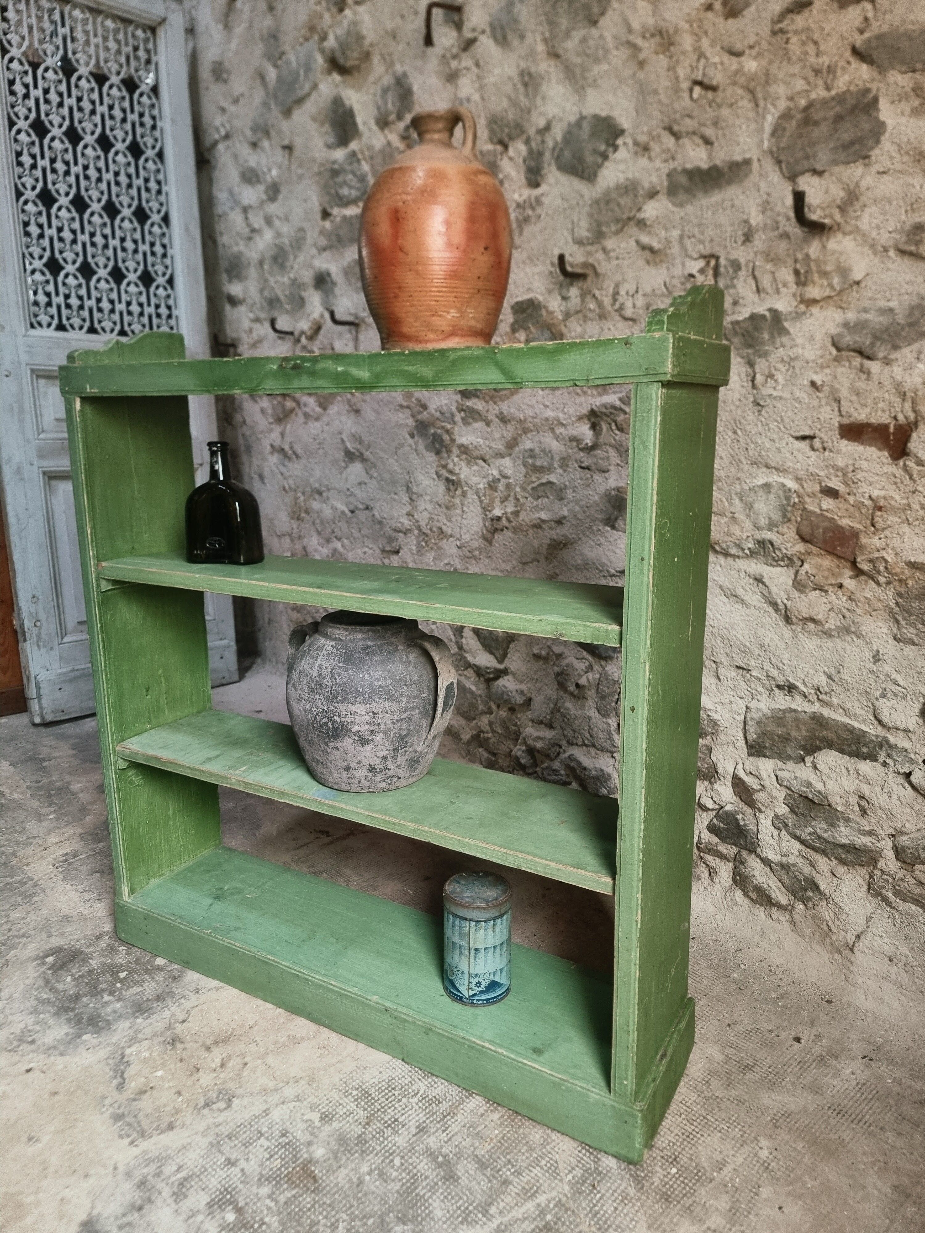 Vintage open pine shelf, original sage green paint, circa 1900–1930.