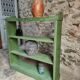 Vintage open pine shelf, original sage green paint, circa 1900–1930.