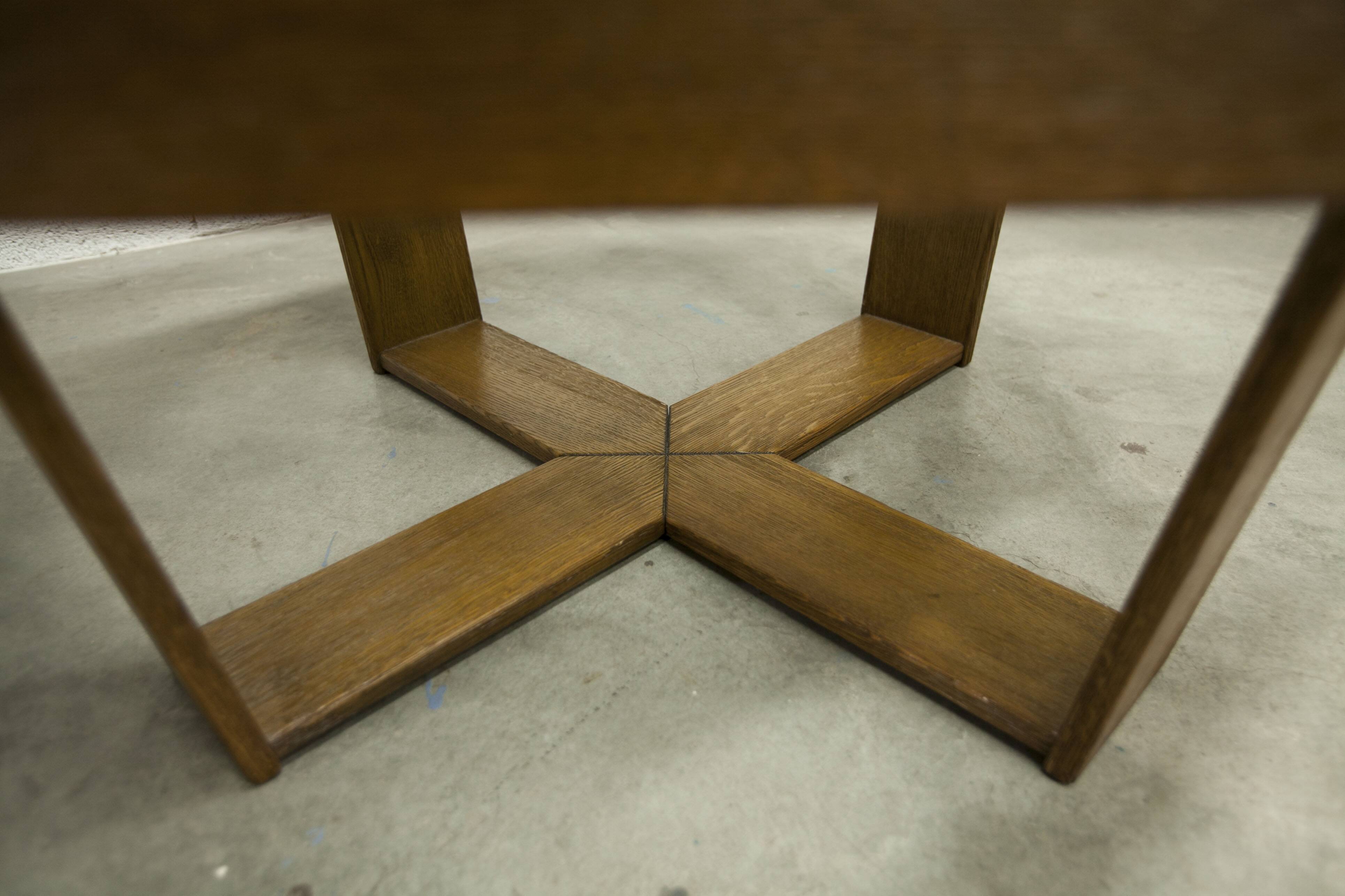 Unique hexagonal table 1977, smoked glass and oak, Swiss made.