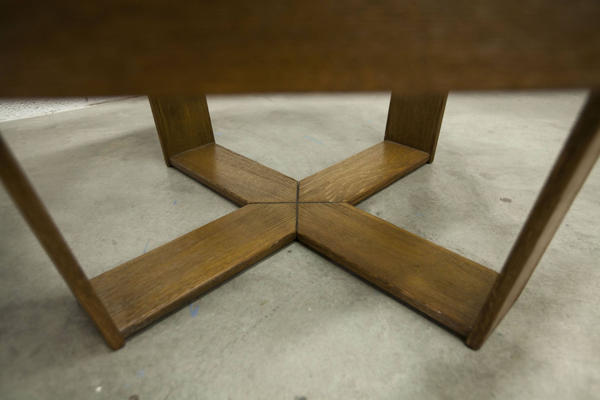 Unique hexagonal table 1977, smoked glass and oak, Swiss made.