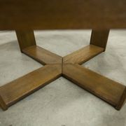 Unique hexagonal table 1977, smoked glass and oak, Swiss made.