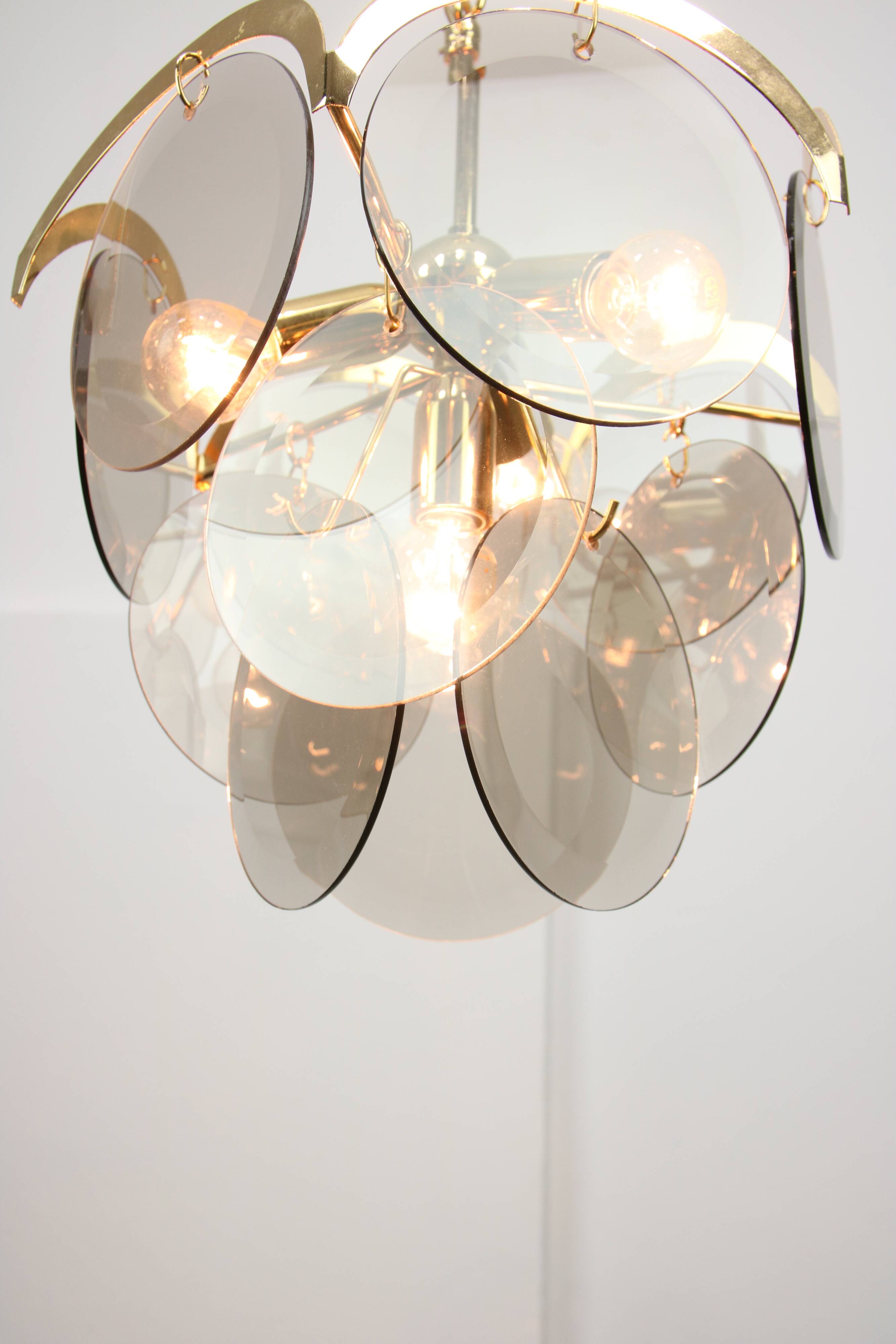 Vintage Vistosi Chandelier: Gold & Smoked Glass, Italian Mid-Century Lighti