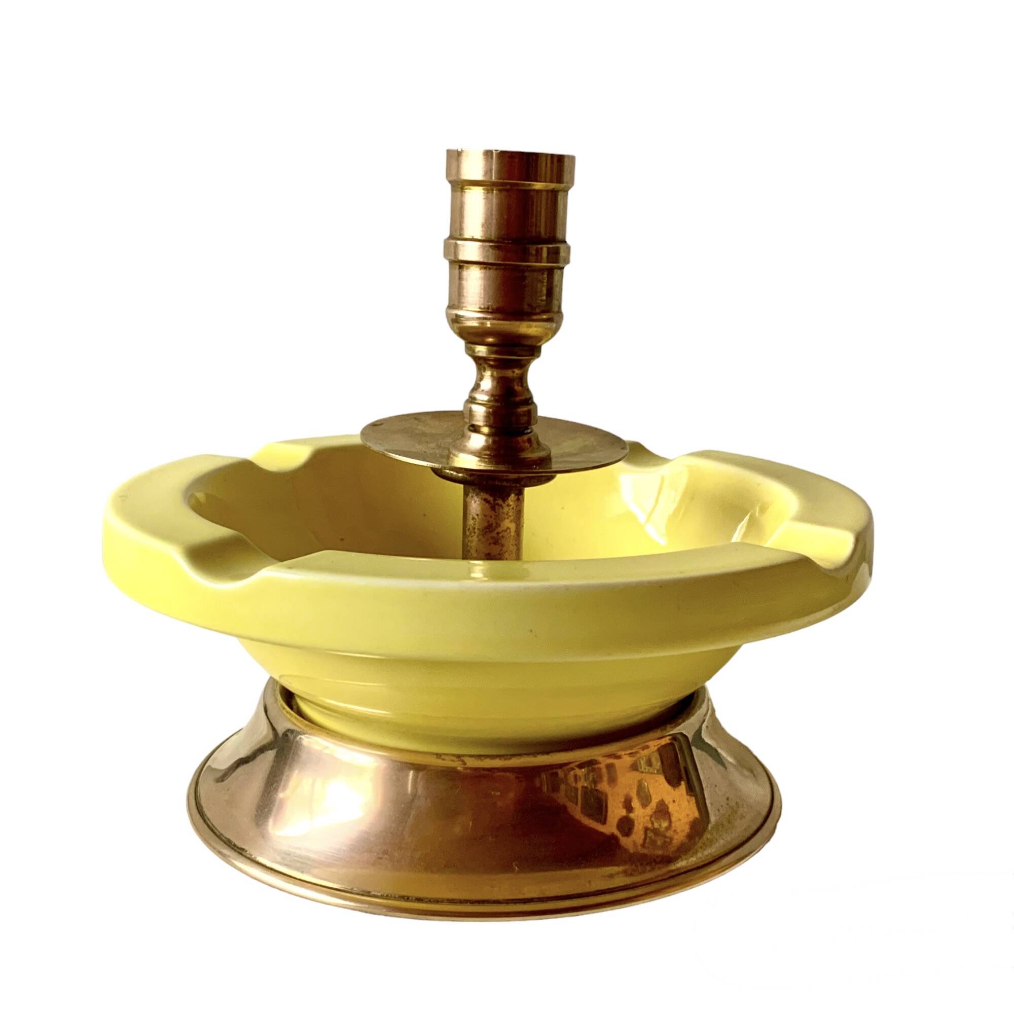 Large vintage brass and yellow glazed ceramic candle holder-ashtray