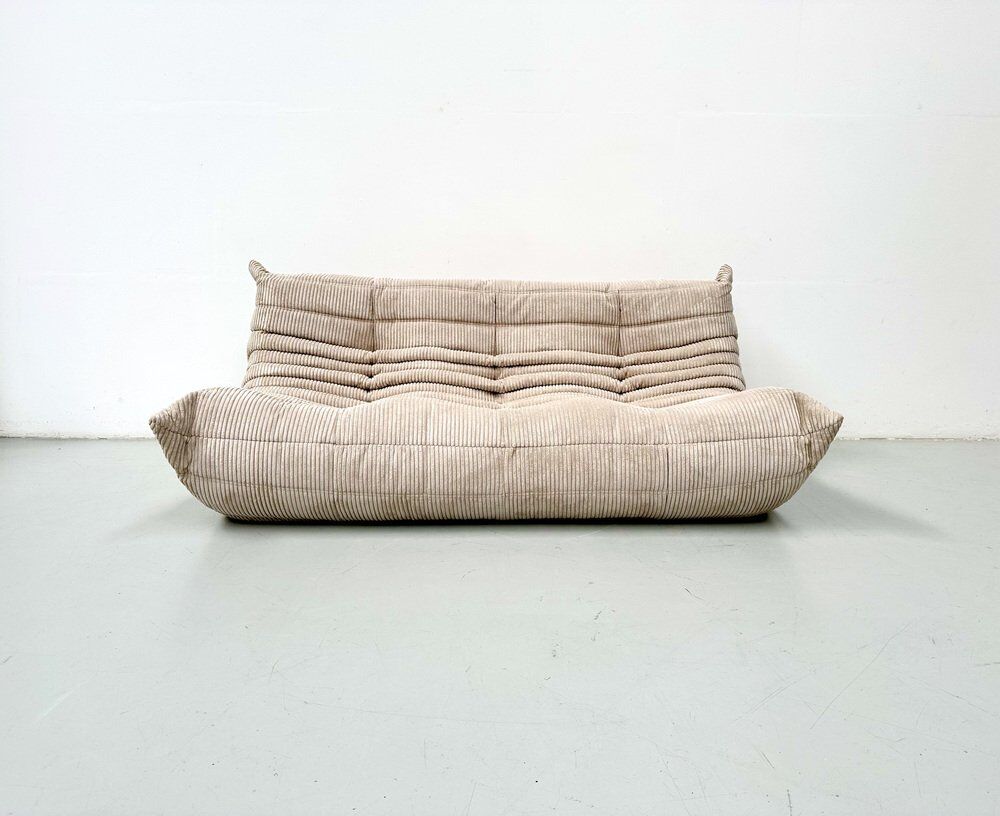 French Togo 3-seater sofa in beige corduroy attributed to Michel Ducaroy for Ligne Roset, 1970s