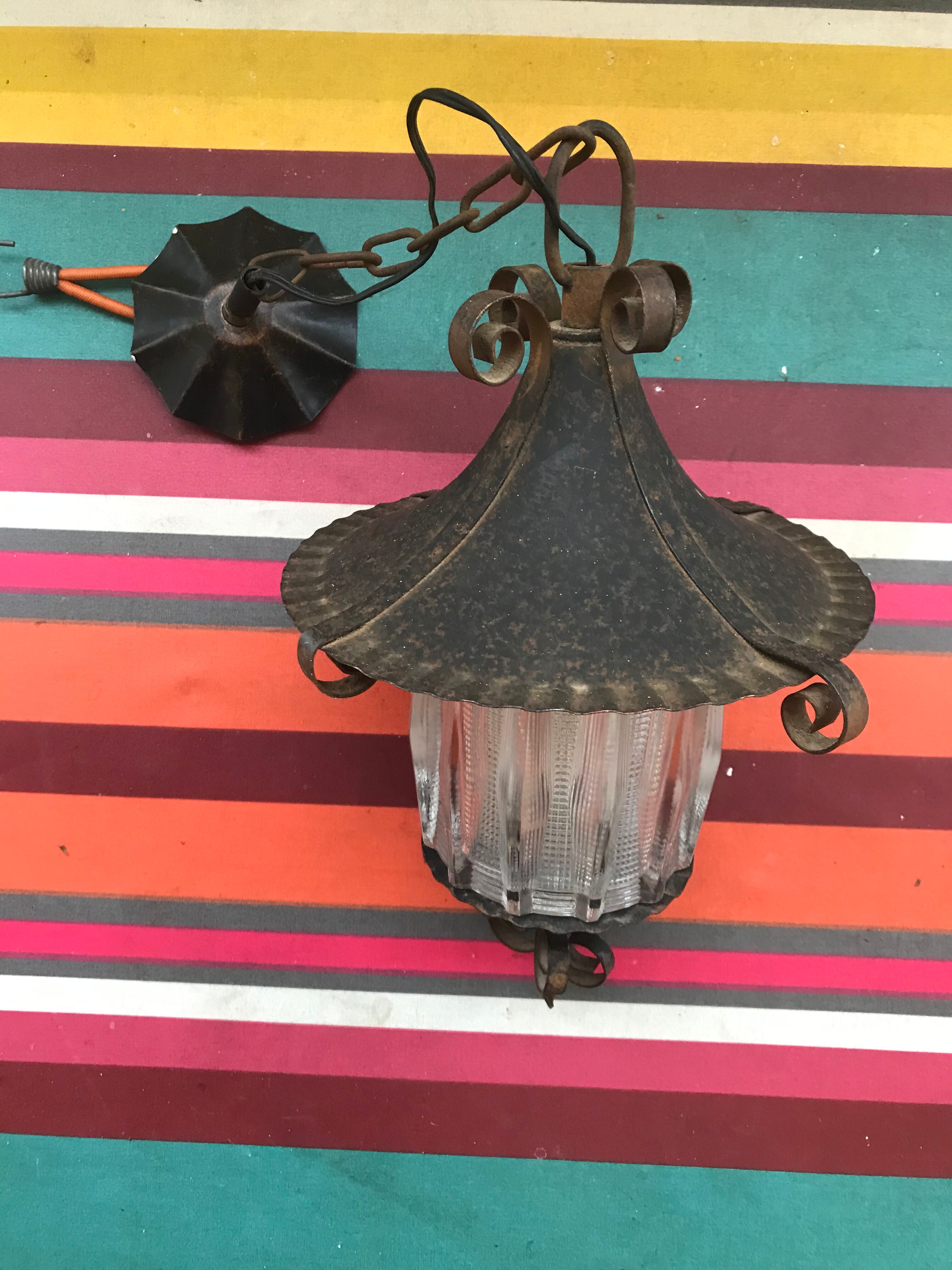 Old black forged iron suspension - vintage moulded glass reflector