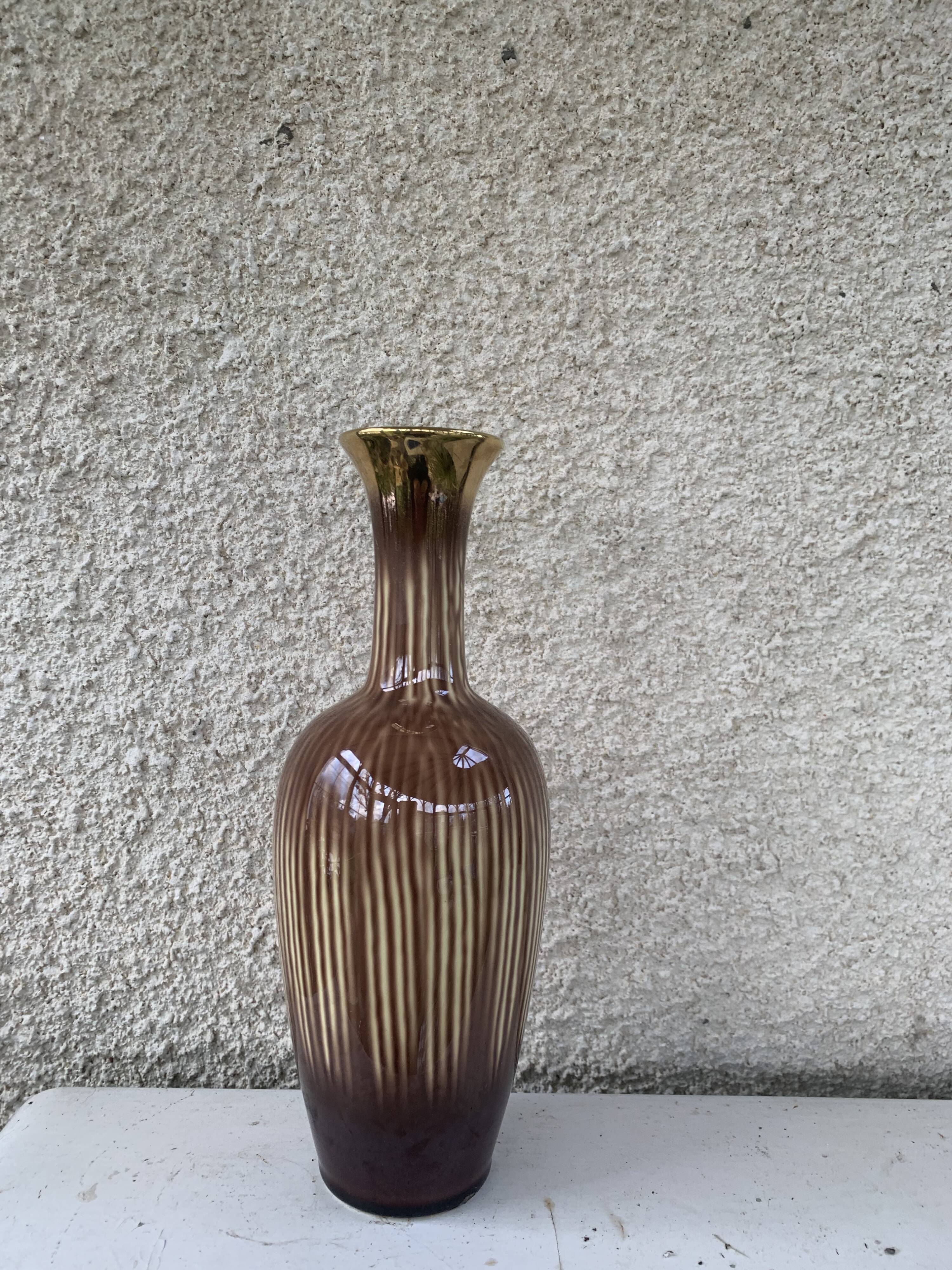 Soliflore vase in beige and gold glazed ceramic, numbered and vintage