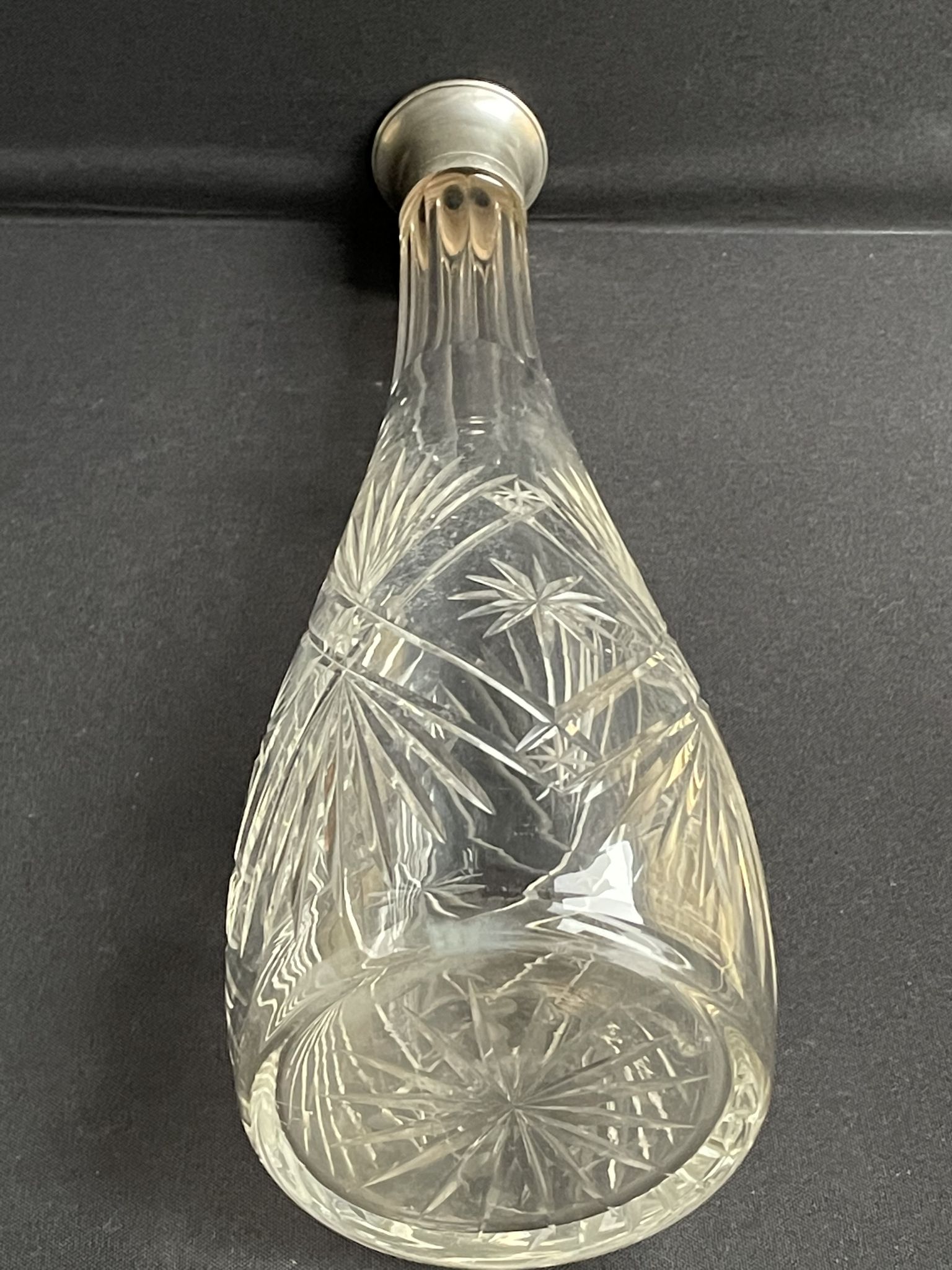 Blown crystal decanter, cut and silver collar