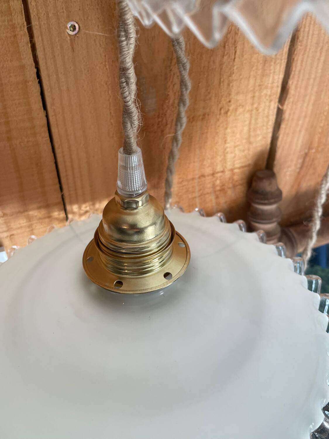 Pair of lace-edged opaline portable lamps with cord wire