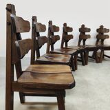 Spanish design vintage brutalist oak dining set chairs & table