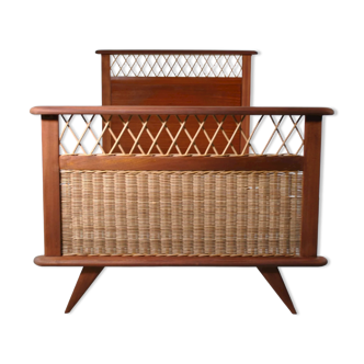 Compass leg bed mahogany and rattan 1960
