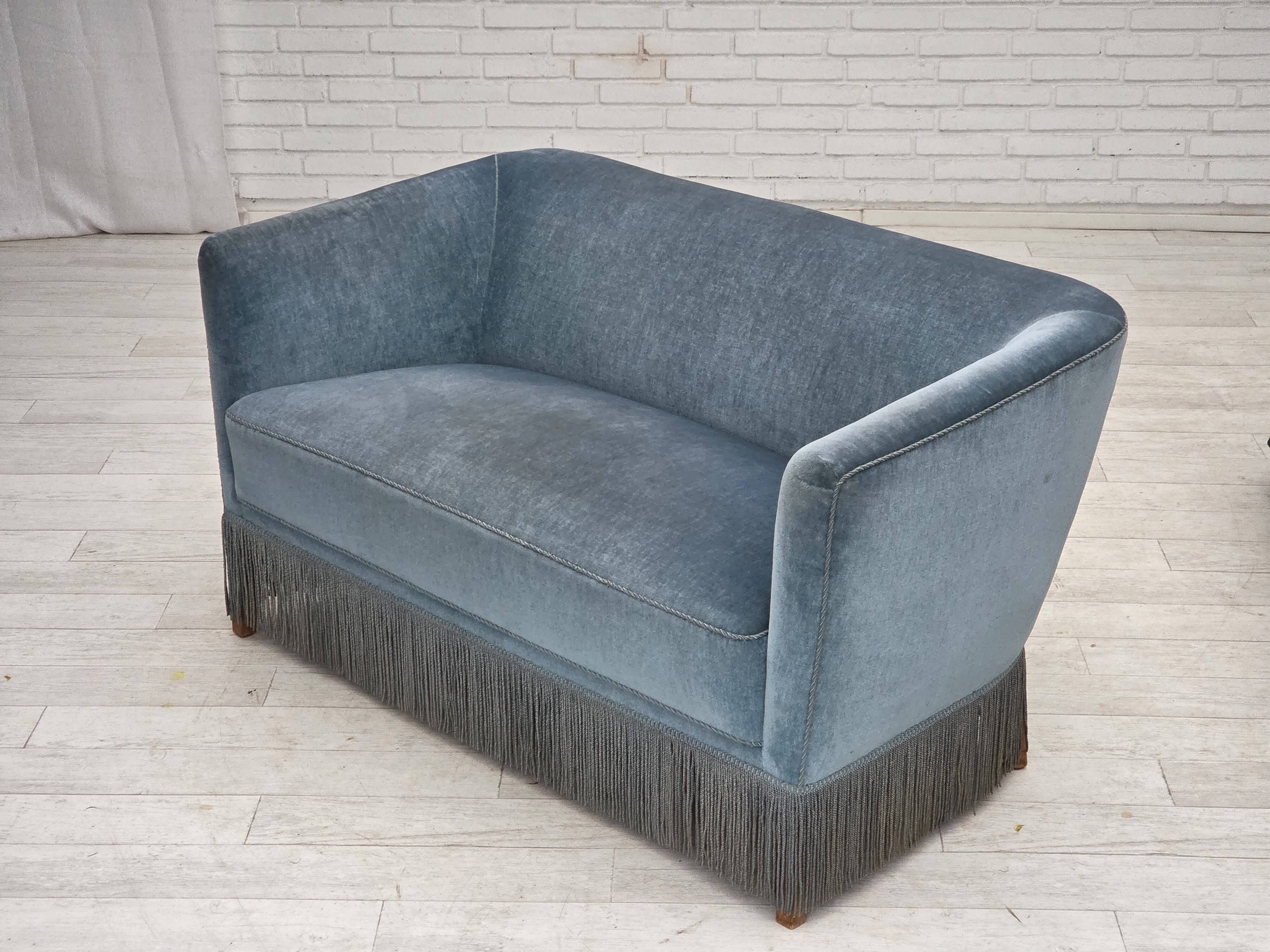 1970s, Danish 2-seater sofa, blue furniture velour, oak wood legs.