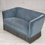 1970s, Danish 2-seater sofa, blue furniture velour, oak wood legs.