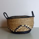 Vintage basket in black and beige raffia