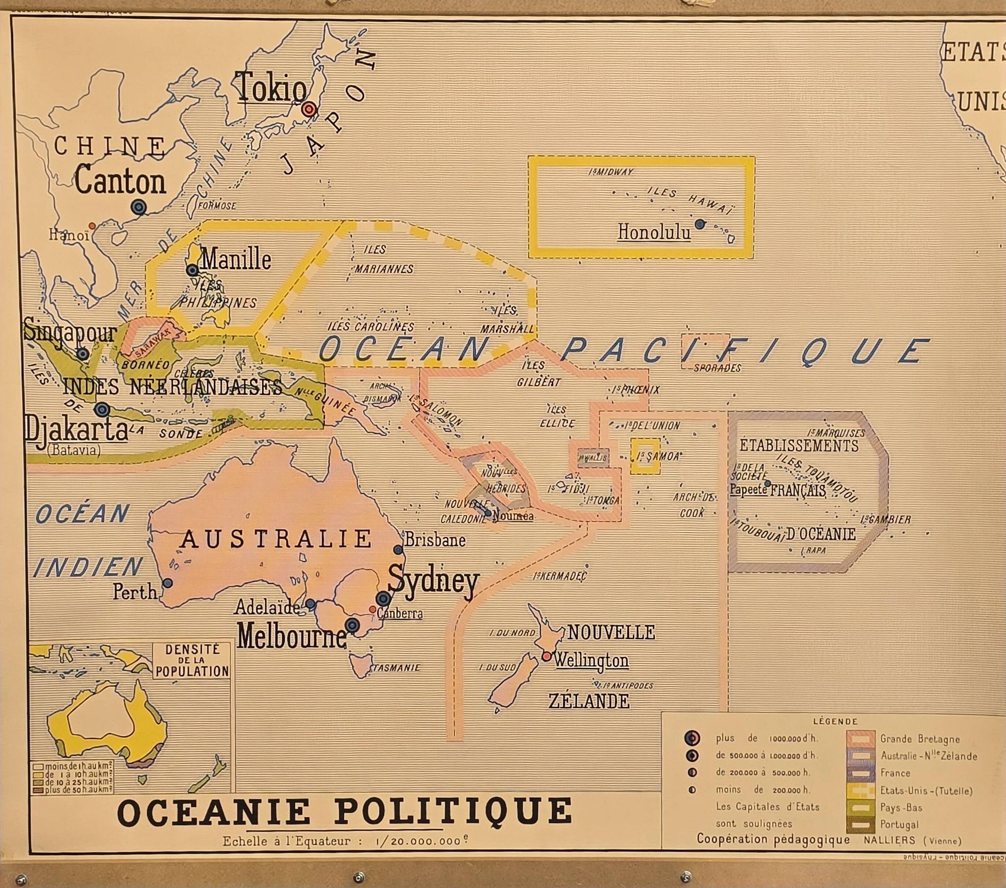 Ancienne carte de géographie carte d'école Océanie politique et physique co