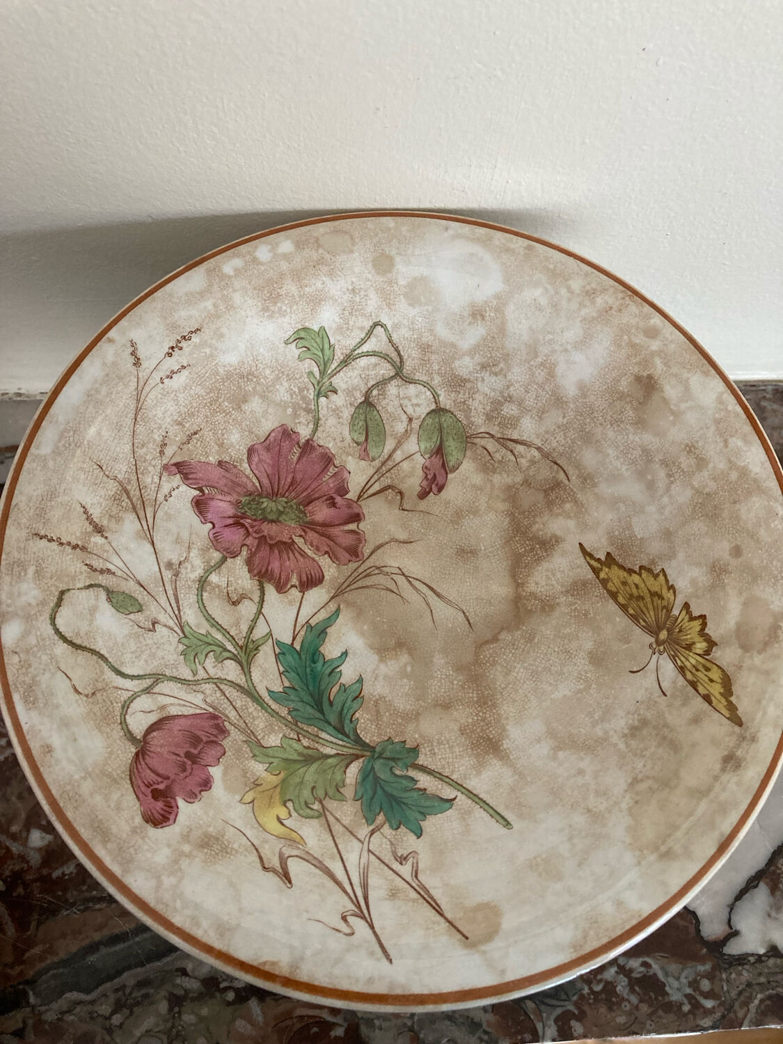 Luneville KG compote dish with poppy and butterfly design.