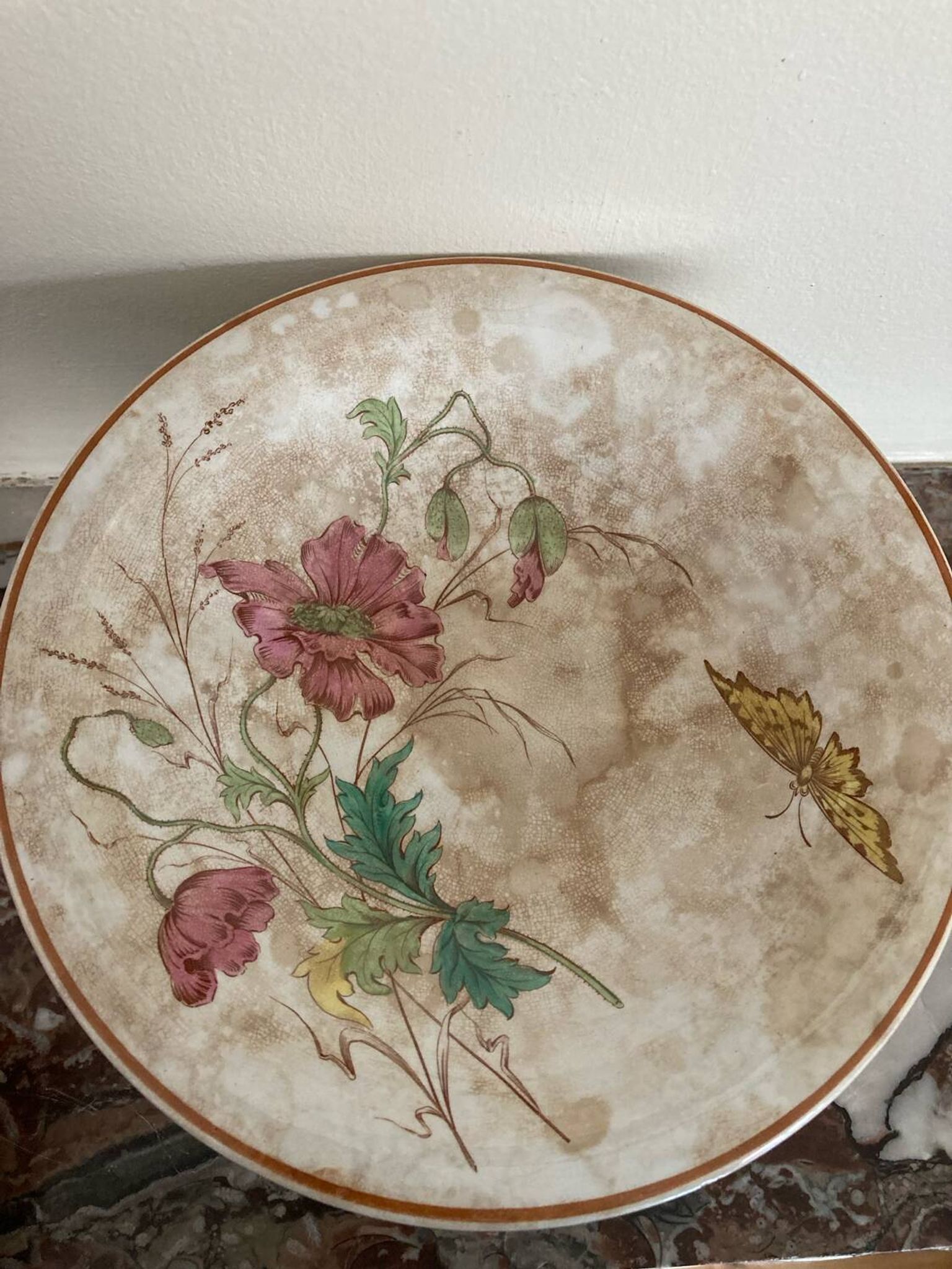 Luneville KG compote dish with poppy and butterfly design.