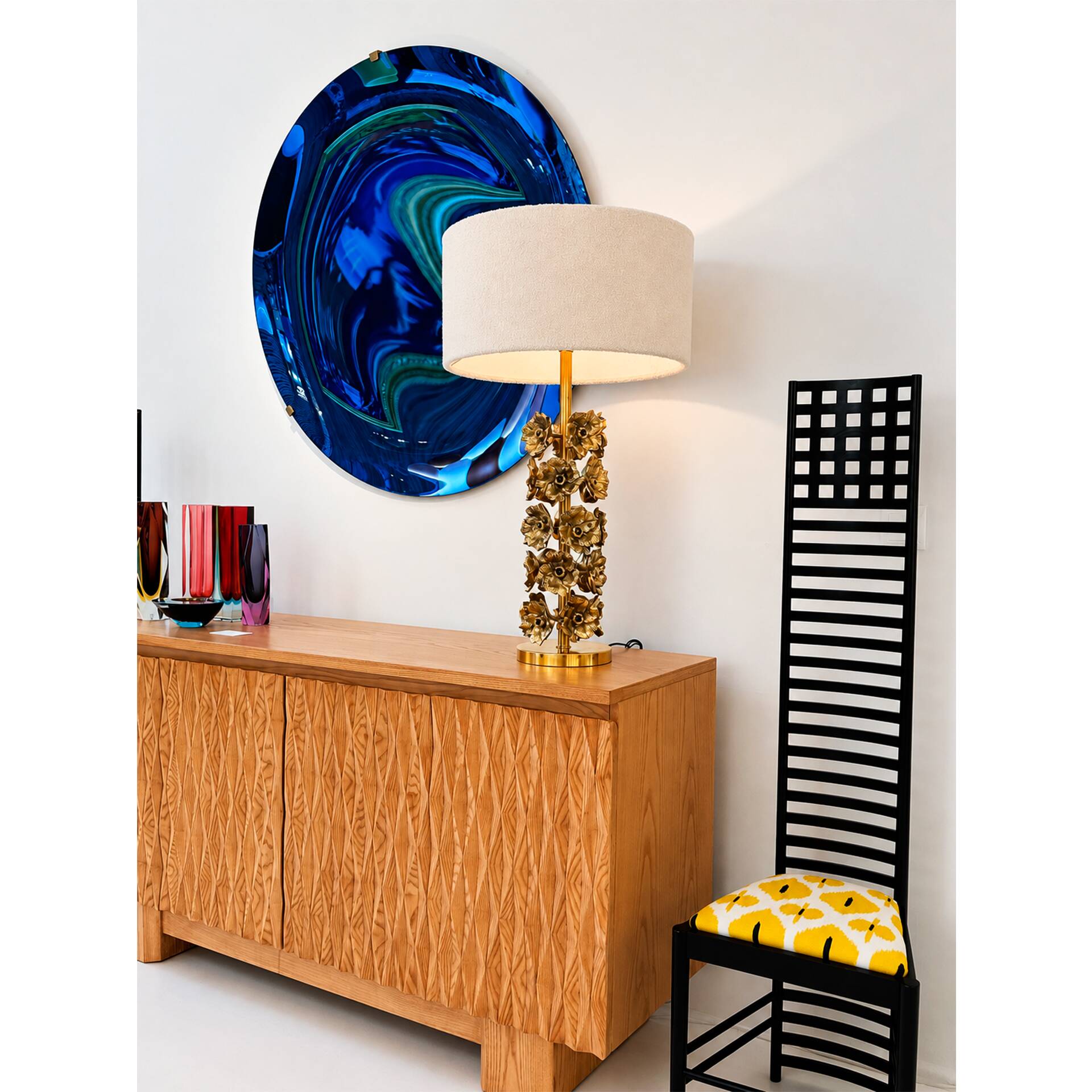 Mid-century modern Italian table lamps with hand-sculpted brass, floral pattern.