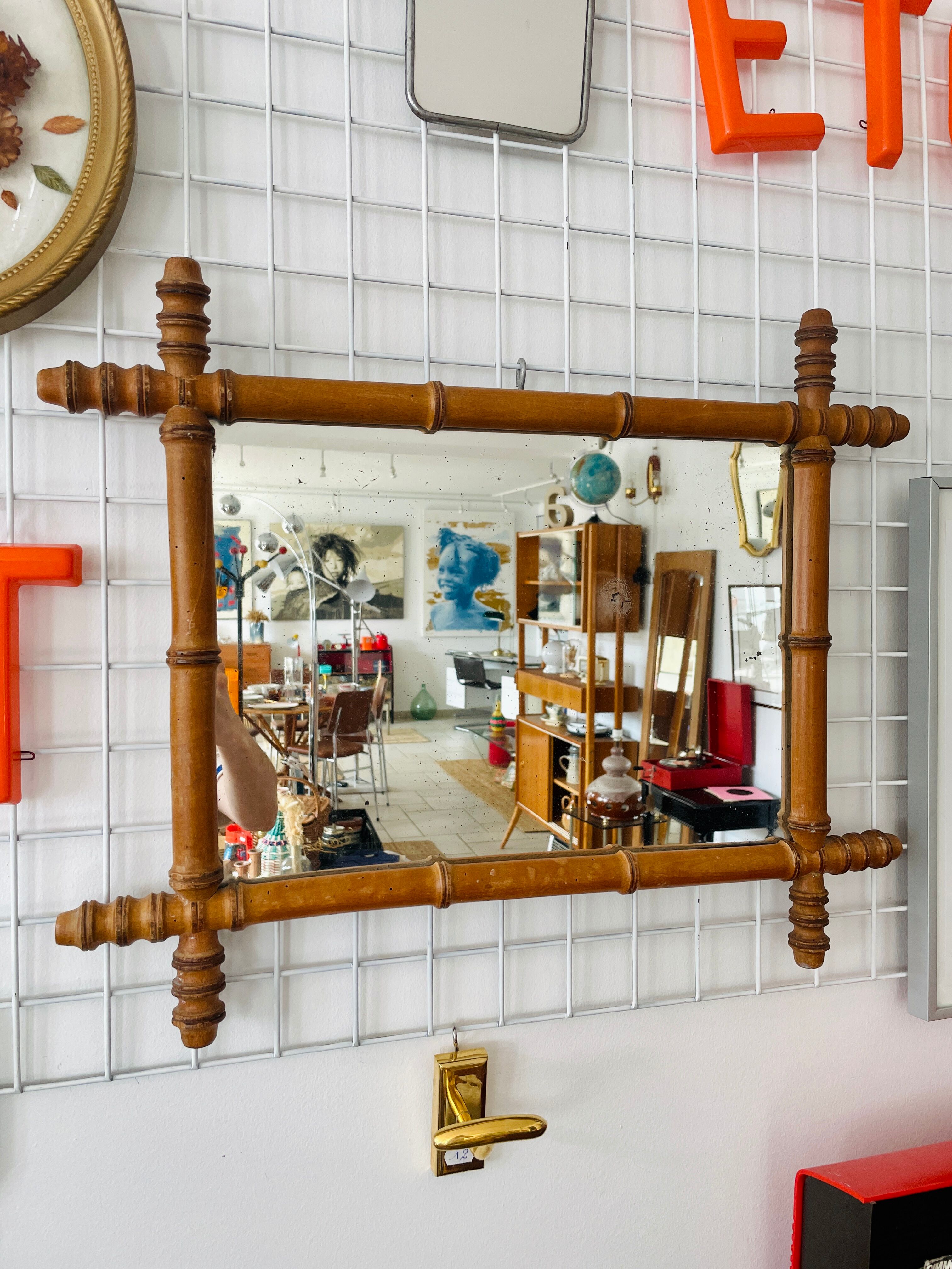 Wood mirror carved bamboo style