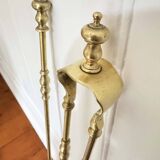 19th-century brass fireplace tongs and shovel.