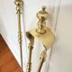 19th-century brass fireplace tongs and shovel.
