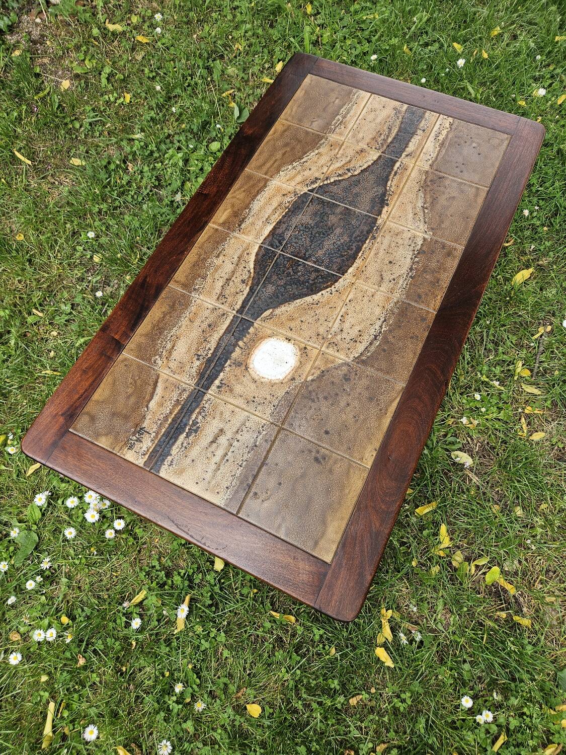 Brutalist coffee table in wood and ceramic by Jean d'Asti, Vallauris, 1960s-70s