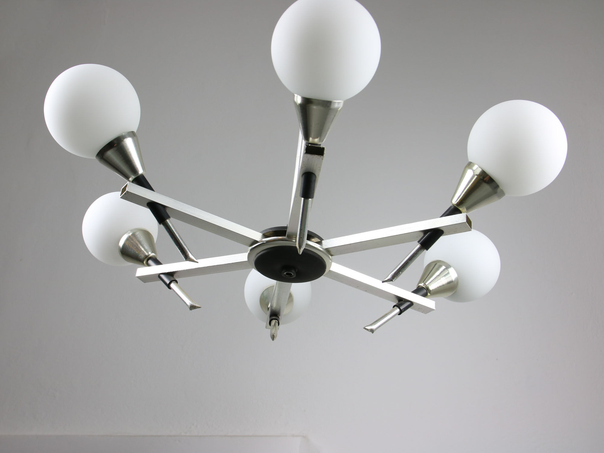 Italian Space-age Aluminum and Opaline Glass Chandelier