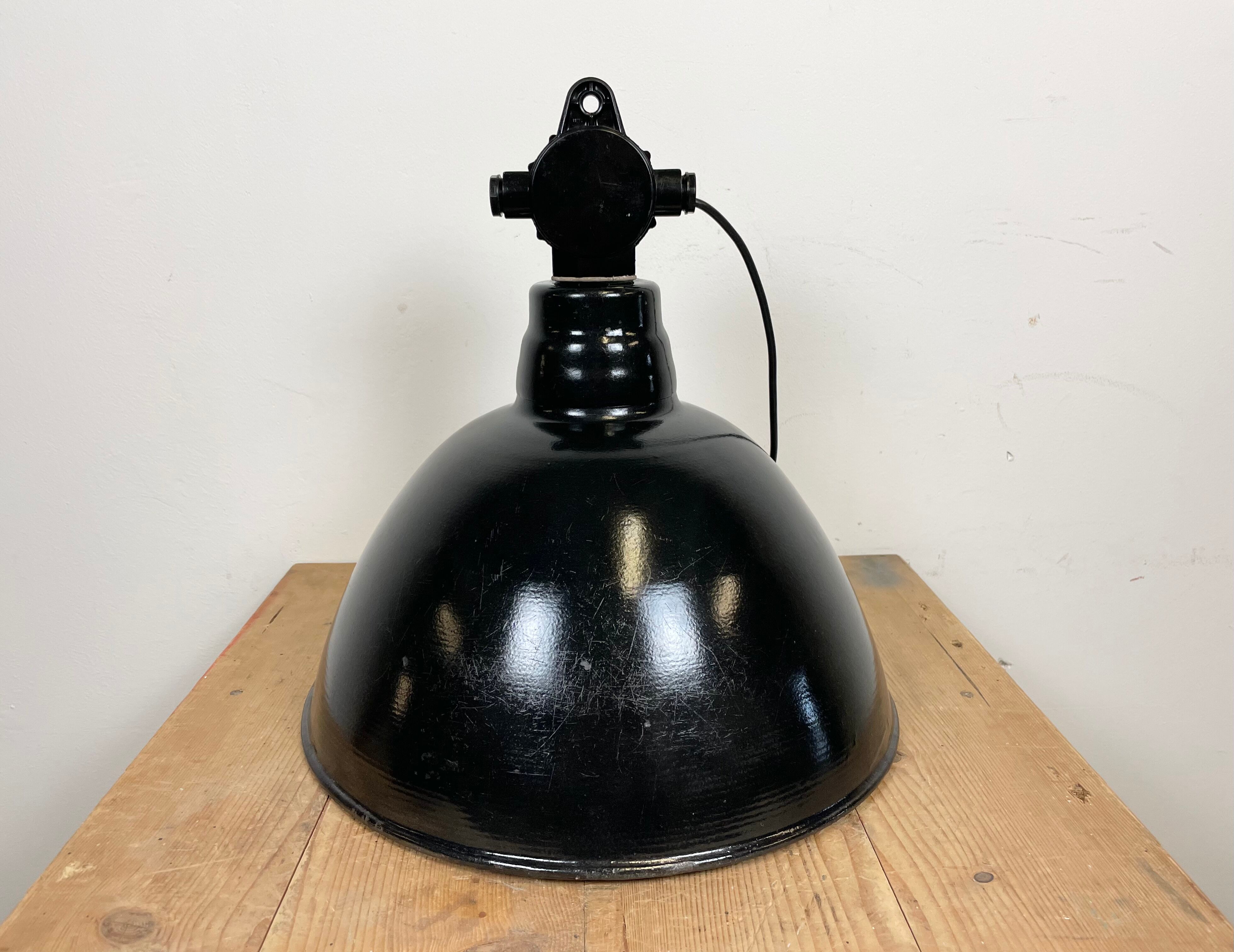 East german black enamel factory light by LBD Veb Leuchtenbau Dresden, 1950s