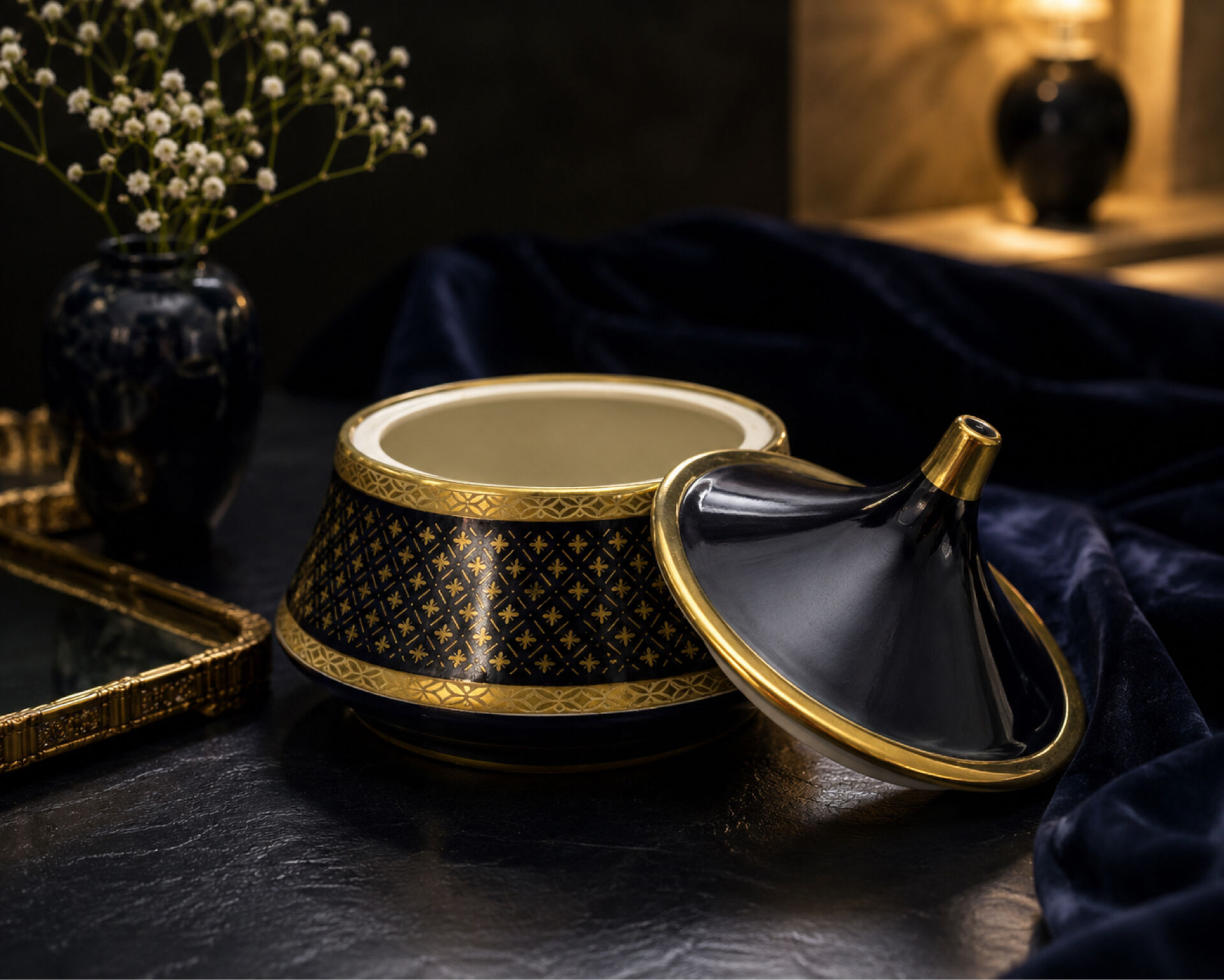 Vintage cobalt blue and gold porcelain bonbonnière.