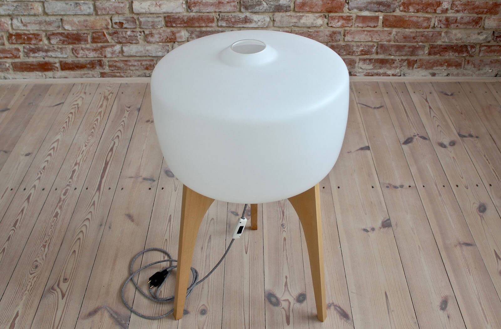 Floor Lamp, White Glass Lampshade, Wooden Base, Space Age, Midcentury
