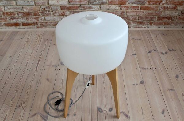 Lampadaire, abat-jour en verre blanc, base en bois, style spatial, milieu du siècle
