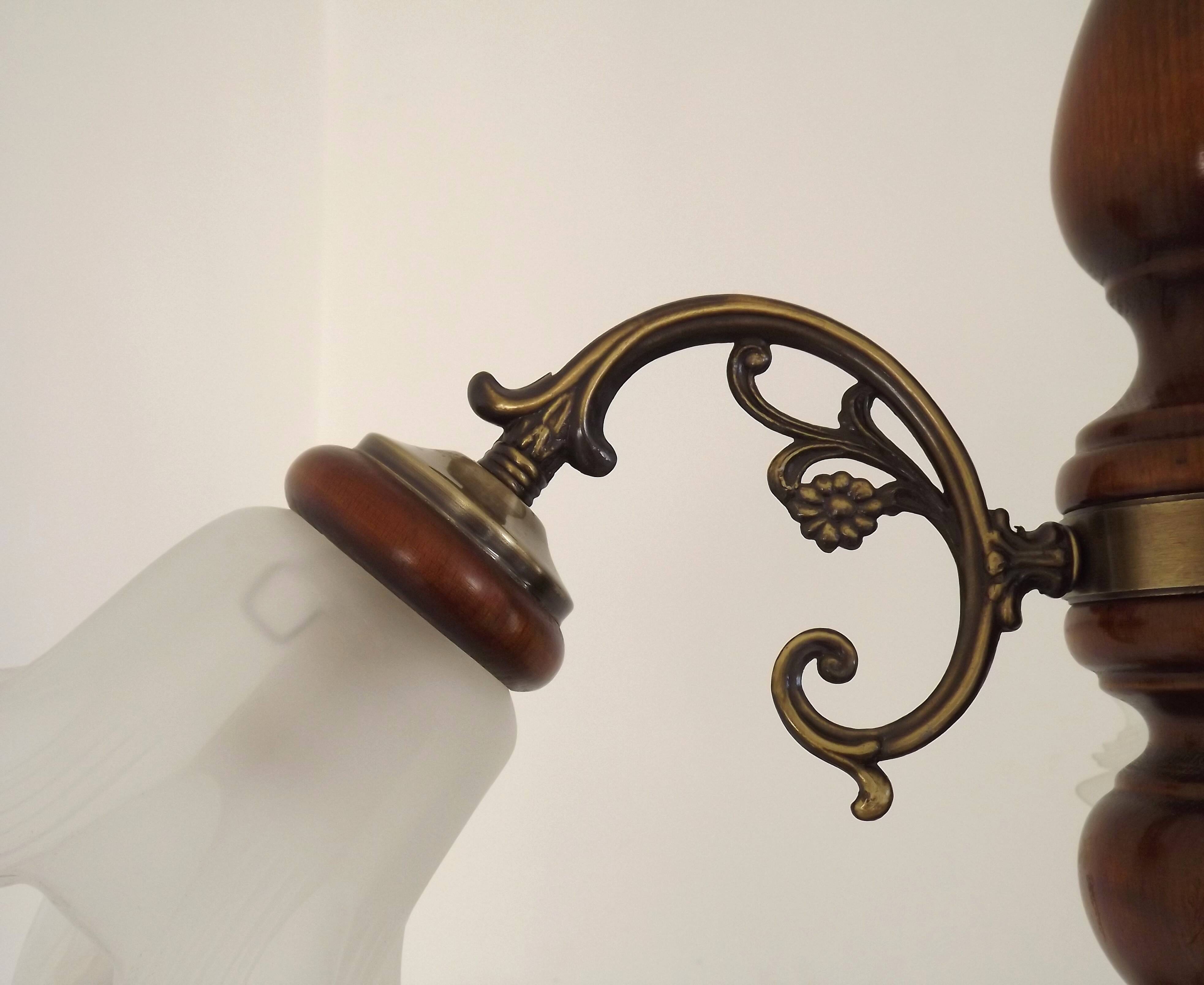 French Mid-Century 3-Light Wood and Bronzed Metal Chandelier with Glass Shades