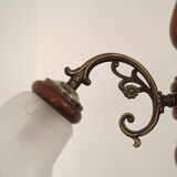 French Mid-Century 3-Light Wood and Bronzed Metal Chandelier with Glass Shades