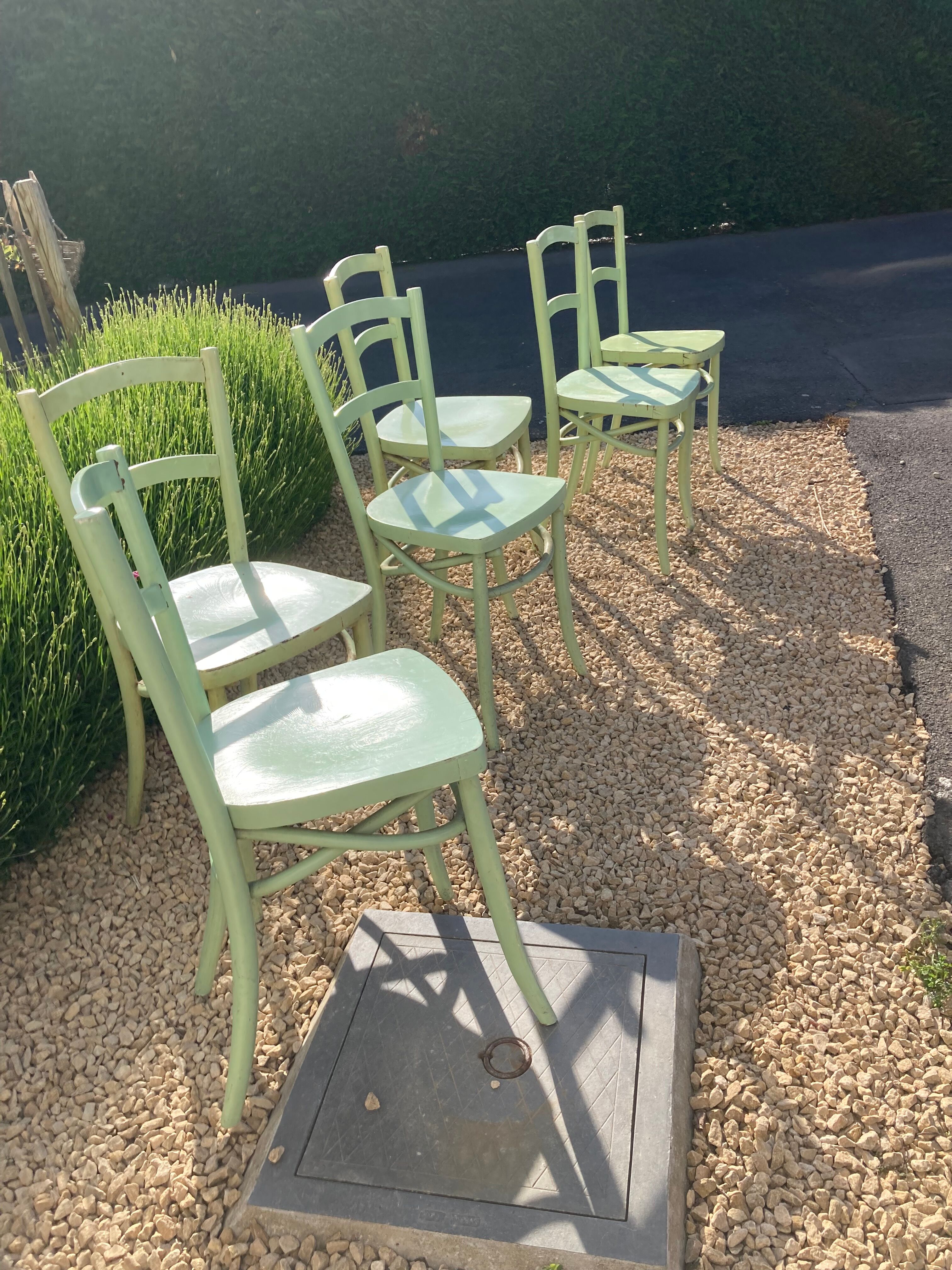 Set of 6 green patinated bistro chairs