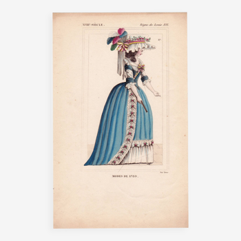 Gravure Couleur XIXe 1840 Mode Femme de 1789 Fascion Dress Robe Règne de Louis XVI