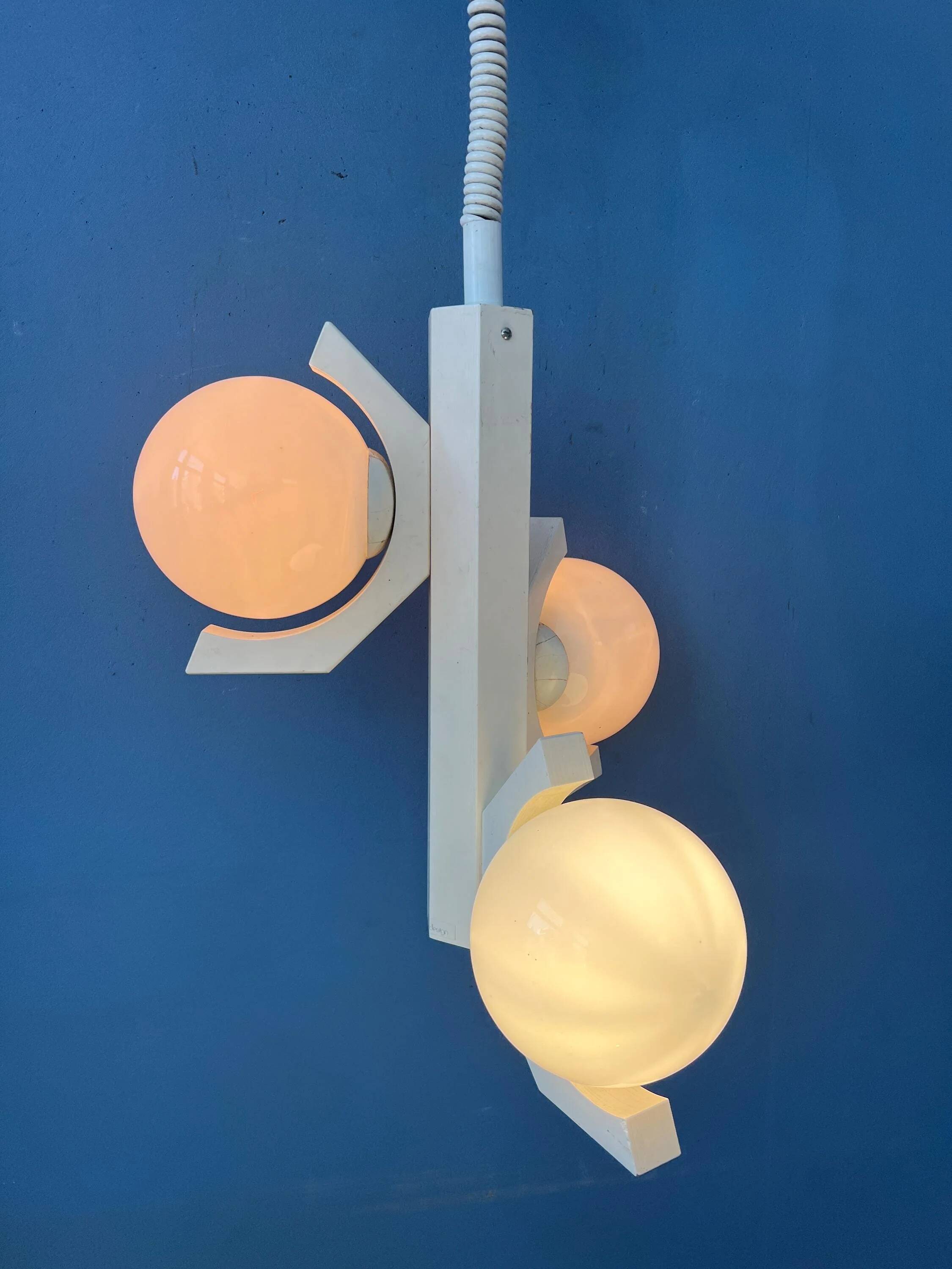 Mid-century white suspension with a bony design and opaline glass shade.
