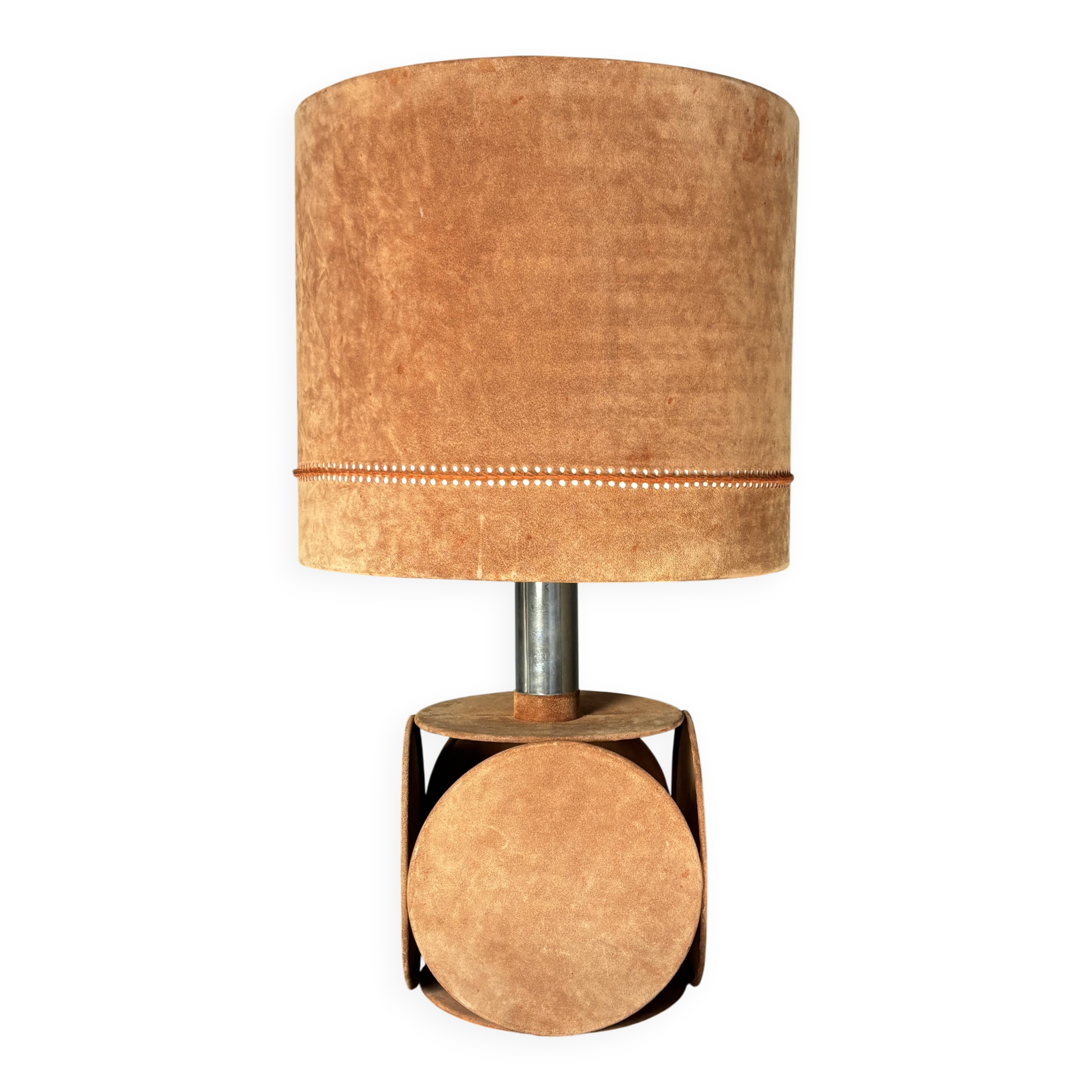 Midcentury XL ( 82 cm ) imposing terracotta suede table lamp. 1970s