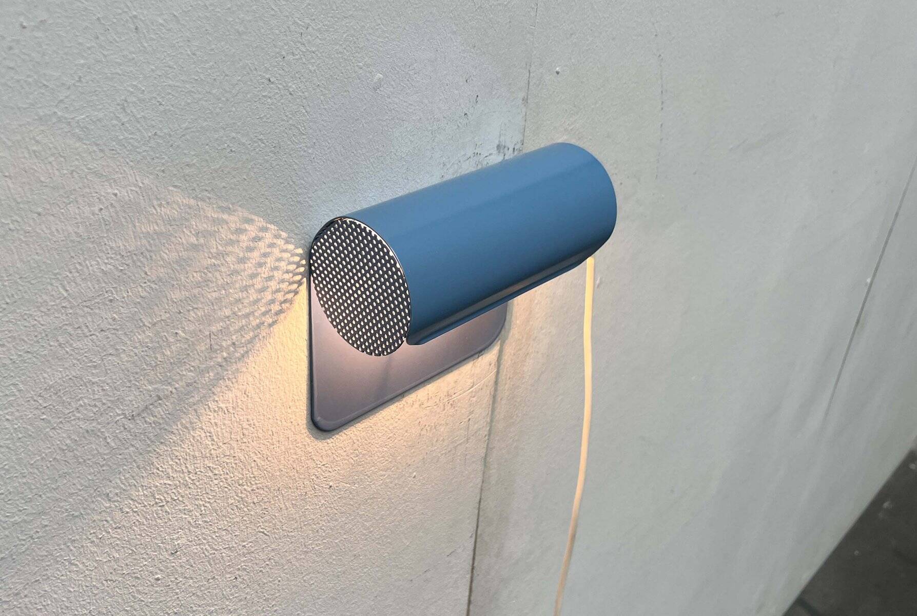 Light blue perforated metal suspension by Abo Randers, Danish postmodern, 1980s.